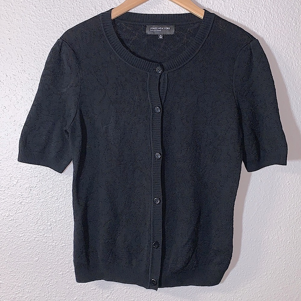 Vintage Jones N.Y. black shirt sleeve cardigan textured knit design cottagecore - Picture 1 of 14